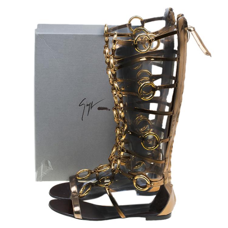 Pre Owned Giuseppe Zanotti Gold Chained Leather Gladiator Sandals Size 40