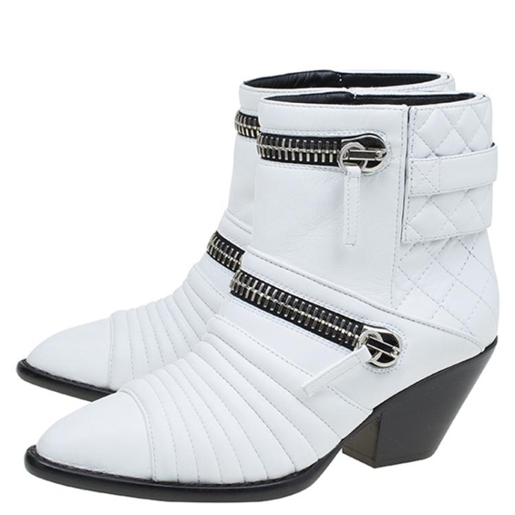 Pre Owned Giuseppe Zanotti White Quilted Leather Ankle Boots Size 37.5