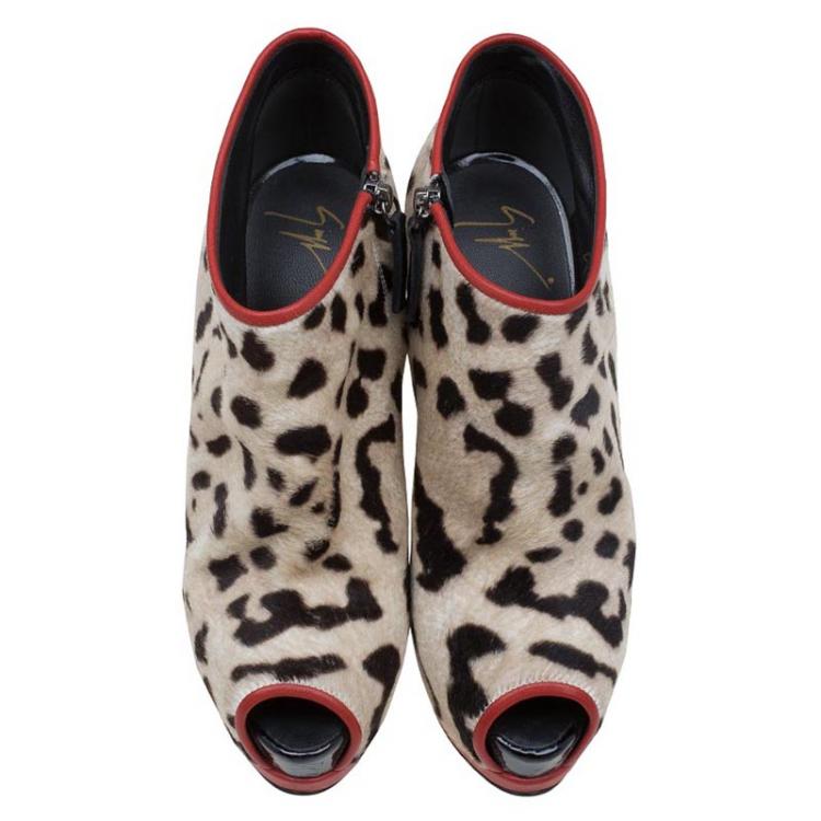 Pre Owned Giuseppe Zanotti Leopard Calf Hair and Red Leather Peep Toe Platform Ankle Boots Size 40