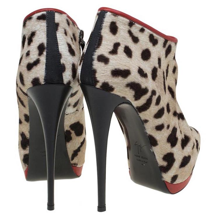 Pre Owned Giuseppe Zanotti Leopard Calf Hair and Red Leather Peep Toe Platform Ankle Boots Size 40