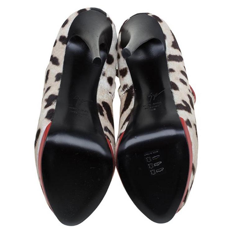 Pre Owned Giuseppe Zanotti Leopard Calf Hair and Red Leather Peep Toe Platform Ankle Boots Size 40