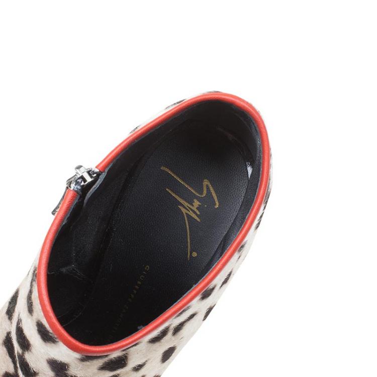 Pre Owned Giuseppe Zanotti Leopard Calf Hair and Red Leather Peep Toe Platform Ankle Boots Size 40