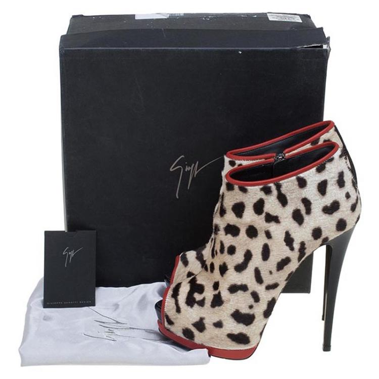 Pre Owned Giuseppe Zanotti Leopard Calf Hair and Red Leather Peep Toe Platform Ankle Boots Size 40