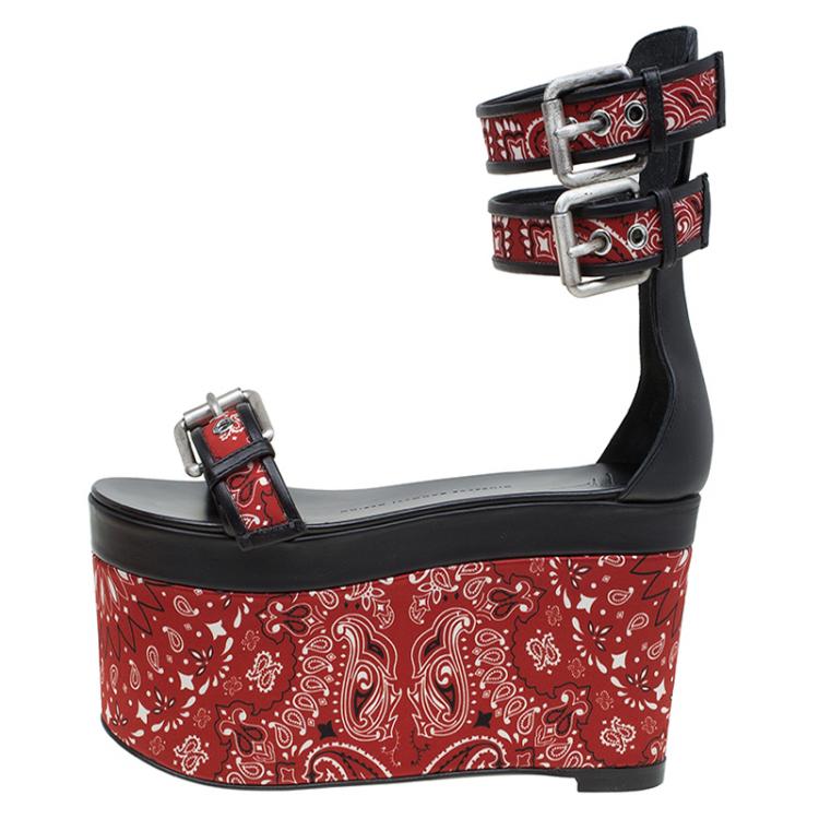 Pre Owned Giuseppe Zanotti Red and Black Printed Leather Ankle Strap Platform Sandals Size 38