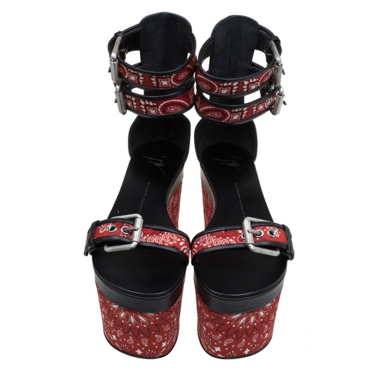 Pre Owned Giuseppe Zanotti Red and Black Printed Leather Ankle Strap Platform Sandals Size 38