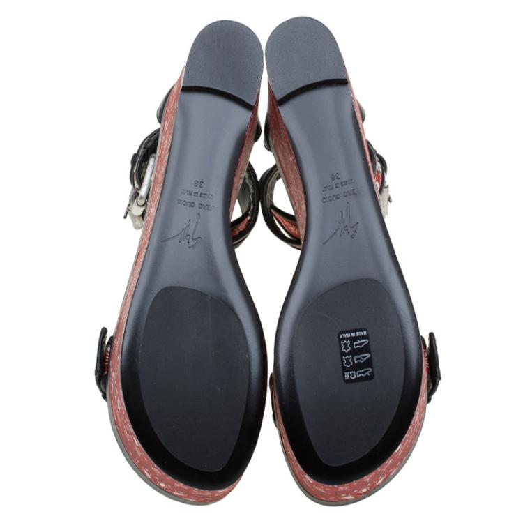 Pre Owned Giuseppe Zanotti Red and Black Printed Leather Ankle Strap Platform Sandals Size 38