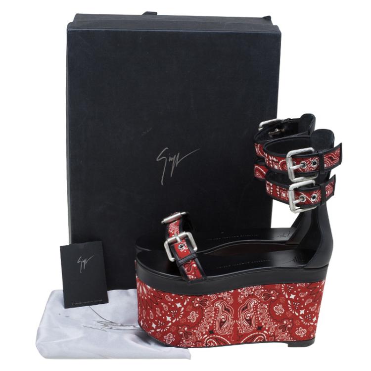 Pre Owned Giuseppe Zanotti Red and Black Printed Leather Ankle Strap Platform Sandals Size 38