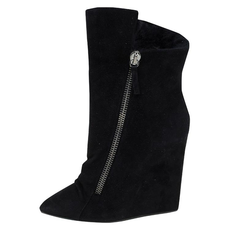 Pre Owned Giuseppe Zanotti Black Suede Wedge Ankle Boots Size 38