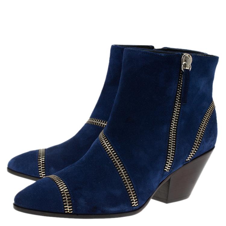 Pre Owned Giuseppe Zanotti Blue Suede Guns 55 Zip Detail Ankle Boots Size 40