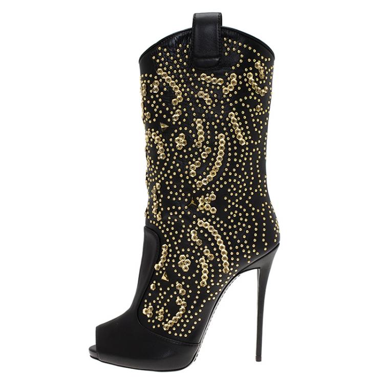 Pre Owned Giuseppe Zanotti Black Studded Leather Coline Peep Toe Mid Calf Boots Size 40
