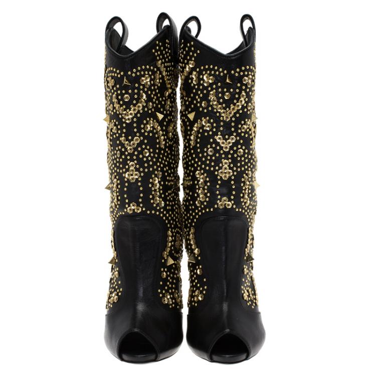Pre Owned Giuseppe Zanotti Black Studded Leather Coline Peep Toe Mid Calf Boots Size 40
