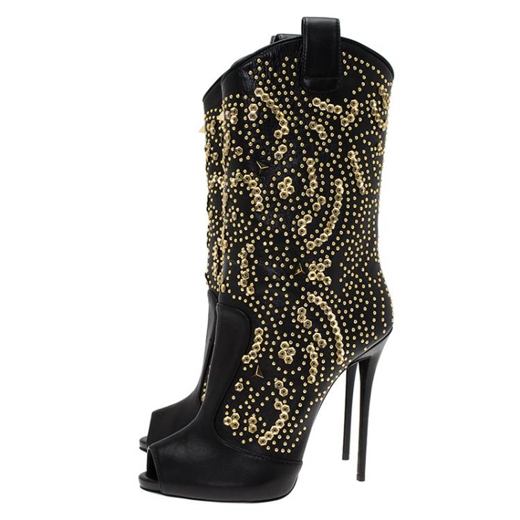 Pre Owned Giuseppe Zanotti Black Studded Leather Coline Peep Toe Mid Calf Boots Size 40