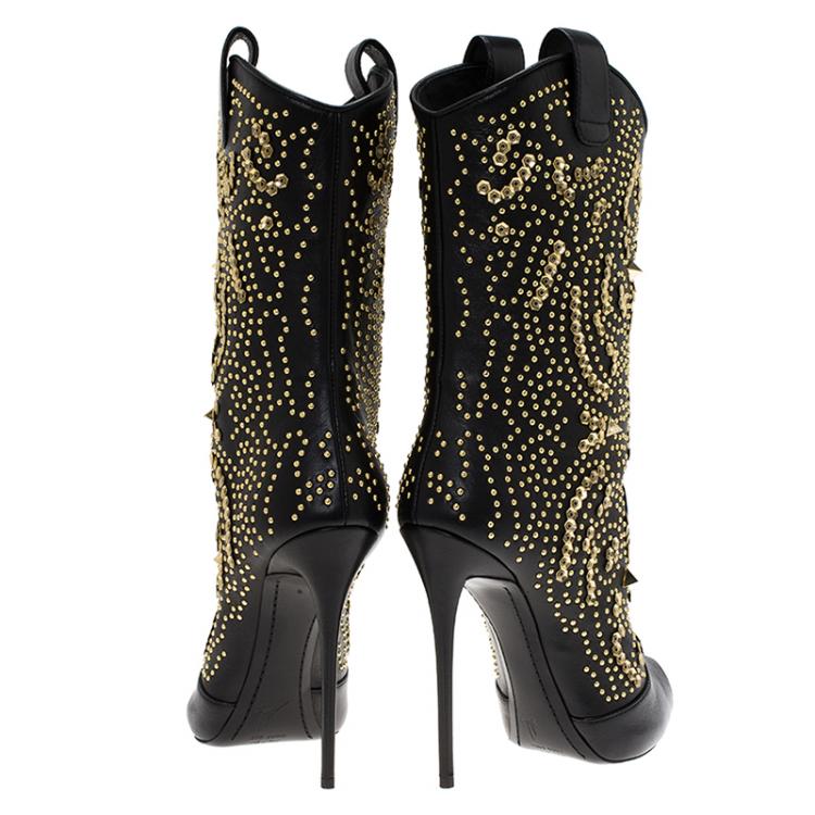 Pre Owned Giuseppe Zanotti Black Studded Leather Coline Peep Toe Mid Calf Boots Size 40