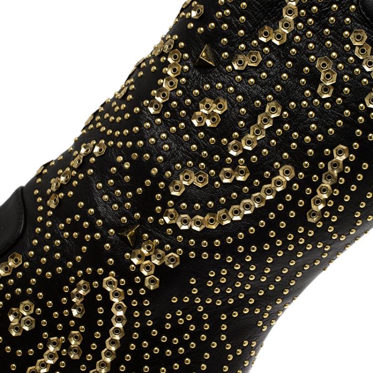 Pre Owned Giuseppe Zanotti Black Studded Leather Coline Peep Toe Mid Calf Boots Size 40