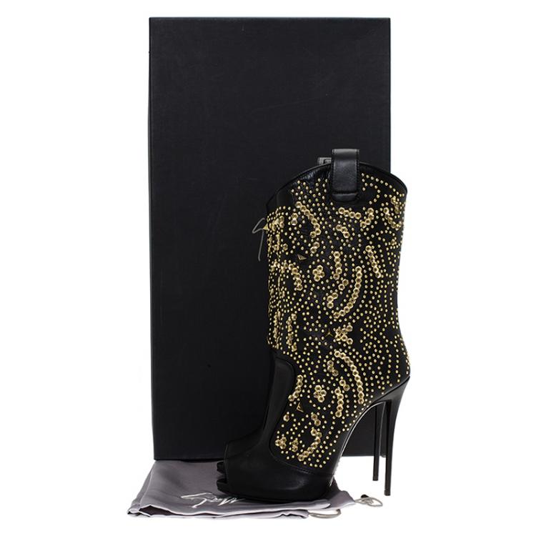 Pre Owned Giuseppe Zanotti Black Studded Leather Coline Peep Toe Mid Calf Boots Size 40
