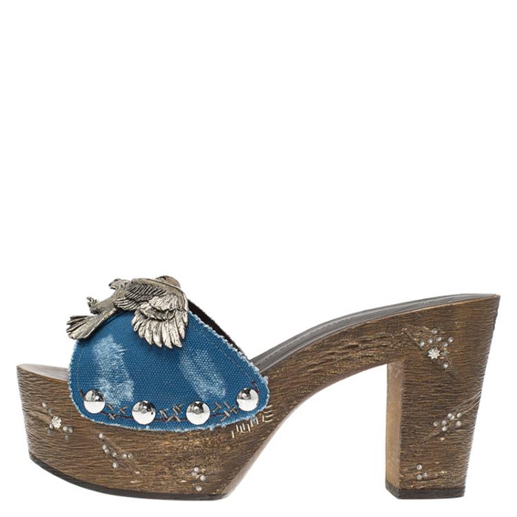Pre Owned Giuseppe Zanotti Blue Canvas Eagle Embellished Saboot Platform Slides Size 37