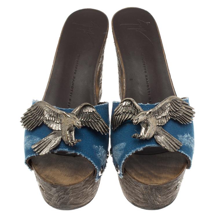 Pre Owned Giuseppe Zanotti Blue Canvas Eagle Embellished Saboot Platform Slides Size 37