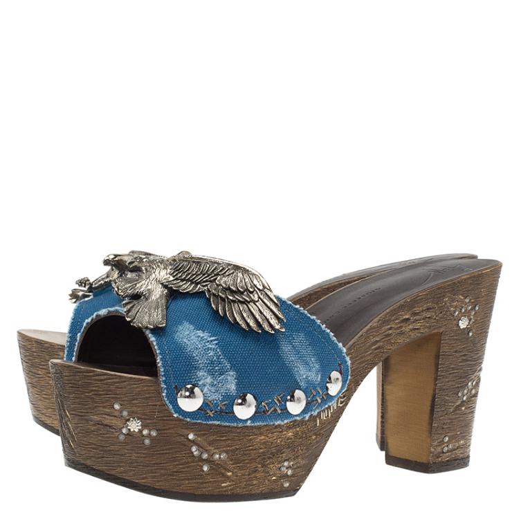 Pre Owned Giuseppe Zanotti Blue Canvas Eagle Embellished Saboot Platform Slides Size 37