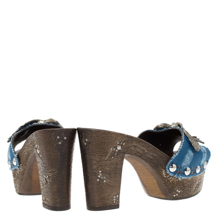 Pre Owned Giuseppe Zanotti Blue Canvas Eagle Embellished Saboot Platform Slides Size 37