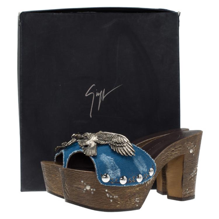 Pre Owned Giuseppe Zanotti Blue Canvas Eagle Embellished Saboot Platform Slides Size 37