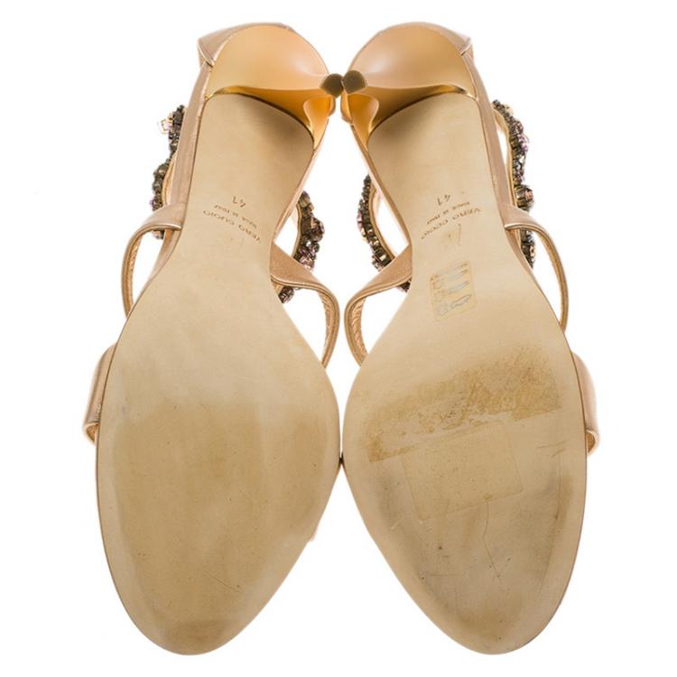 Pre Owned Giuseppe Zanotti Metallic Bronze Leather Jewel Embellished Sandals Size 41