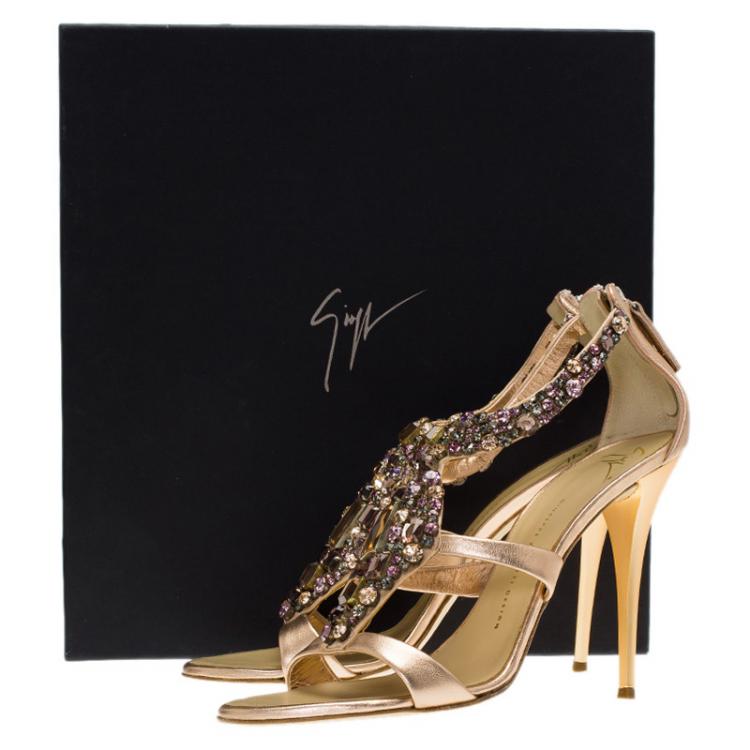 Pre Owned Giuseppe Zanotti Metallic Bronze Leather Jewel Embellished Sandals Size 41