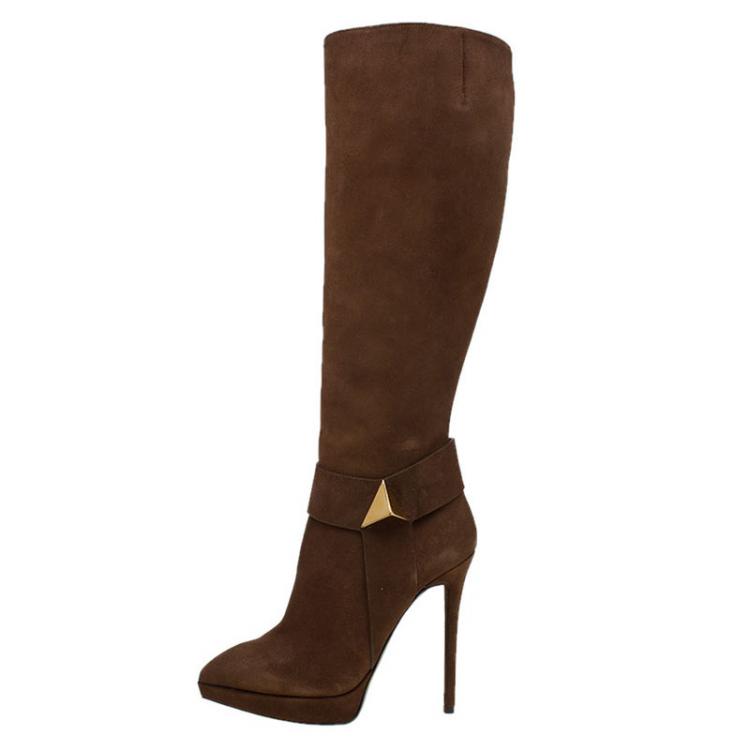 Pre Owned Giuseppe Zanotti Brown Suede Pyramid Stud Platform Knee Boots Size 38