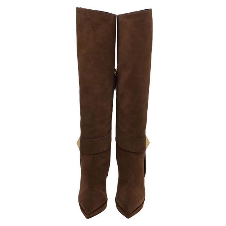 Pre Owned Giuseppe Zanotti Brown Suede Pyramid Stud Platform Knee Boots Size 38