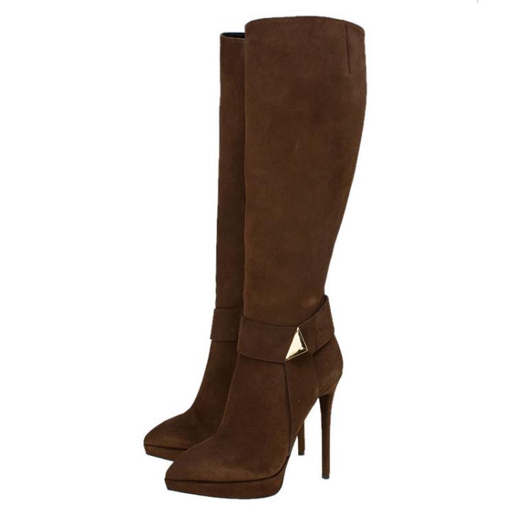 Pre Owned Giuseppe Zanotti Brown Suede Pyramid Stud Platform Knee Boots Size 38