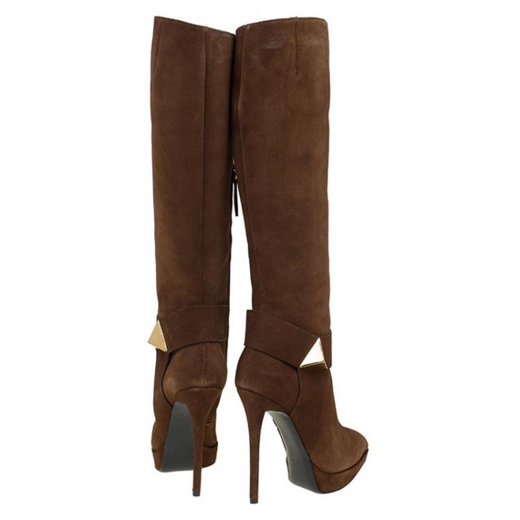 Pre Owned Giuseppe Zanotti Brown Suede Pyramid Stud Platform Knee Boots Size 38