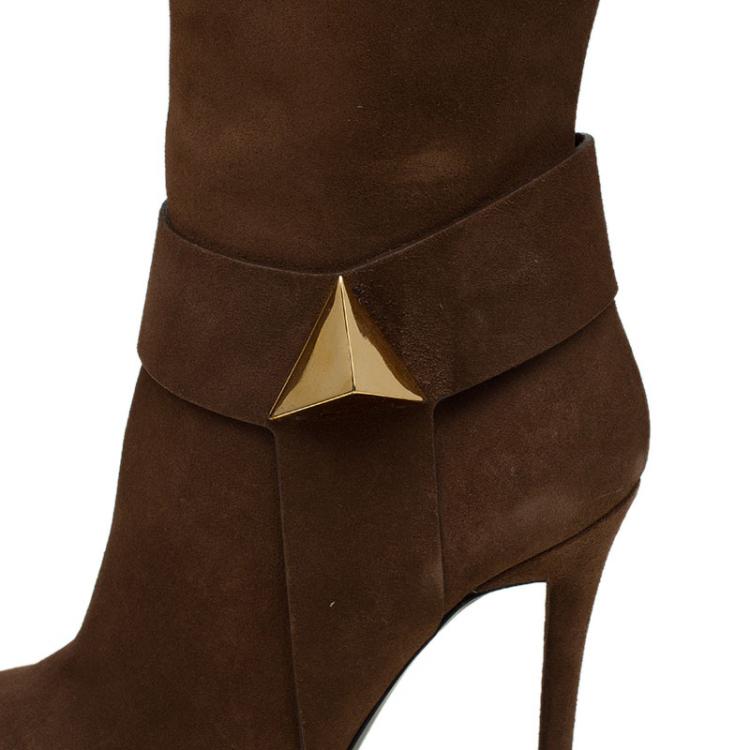 Pre Owned Giuseppe Zanotti Brown Suede Pyramid Stud Platform Knee Boots Size 38