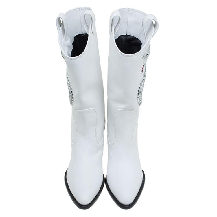 Pre Owned Giuseppe Zanotti White Snake Embellished Leather Guns 55 Cowboy Boots Size 39