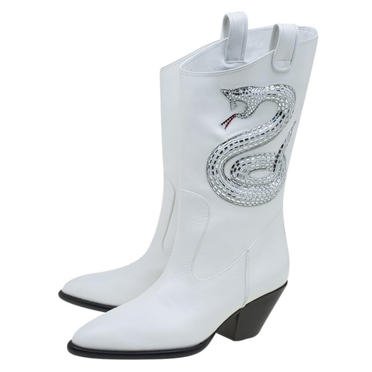 Pre Owned Giuseppe Zanotti White Snake Embellished Leather Guns 55 Cowboy Boots Size 39