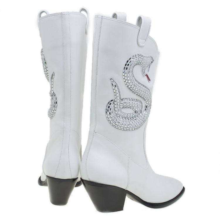Pre Owned Giuseppe Zanotti White Snake Embellished Leather Guns 55 Cowboy Boots Size 39