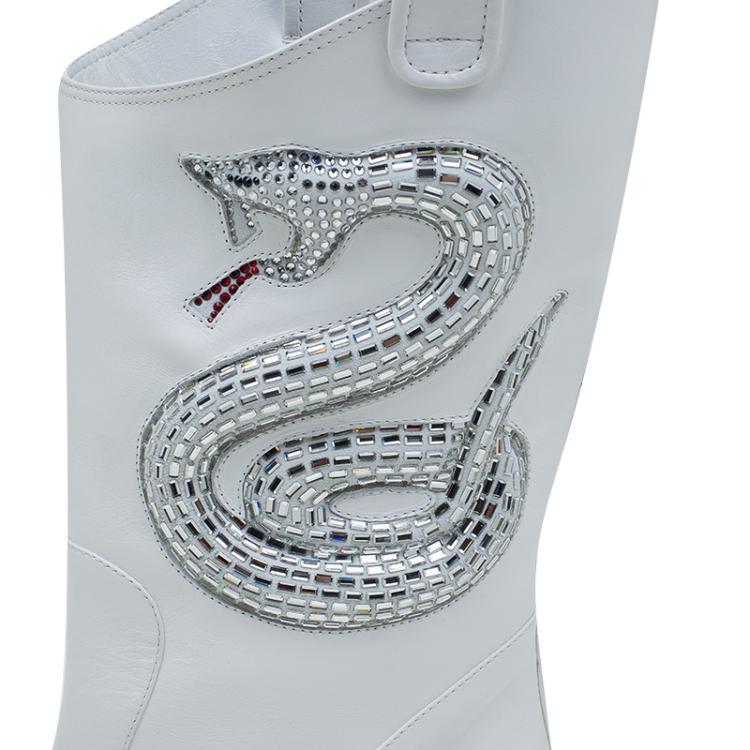 Pre Owned Giuseppe Zanotti White Snake Embellished Leather Guns 55 Cowboy Boots Size 39