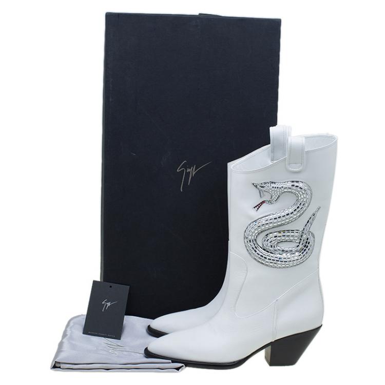 Pre Owned Giuseppe Zanotti White Snake Embellished Leather Guns 55 Cowboy Boots Size 41