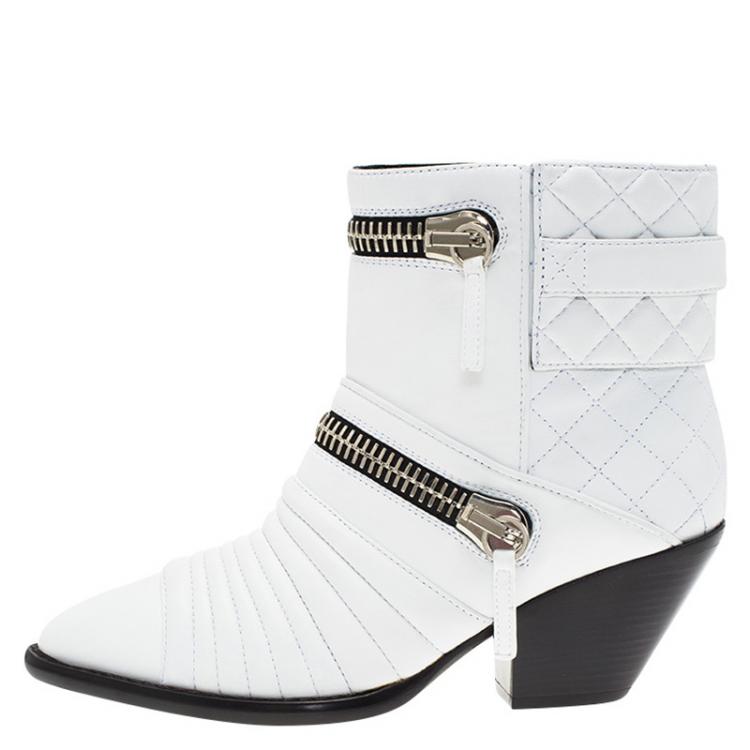Pre Owned Giuseppe Zanotti White Quilted Leather Ankle Boots Size 37