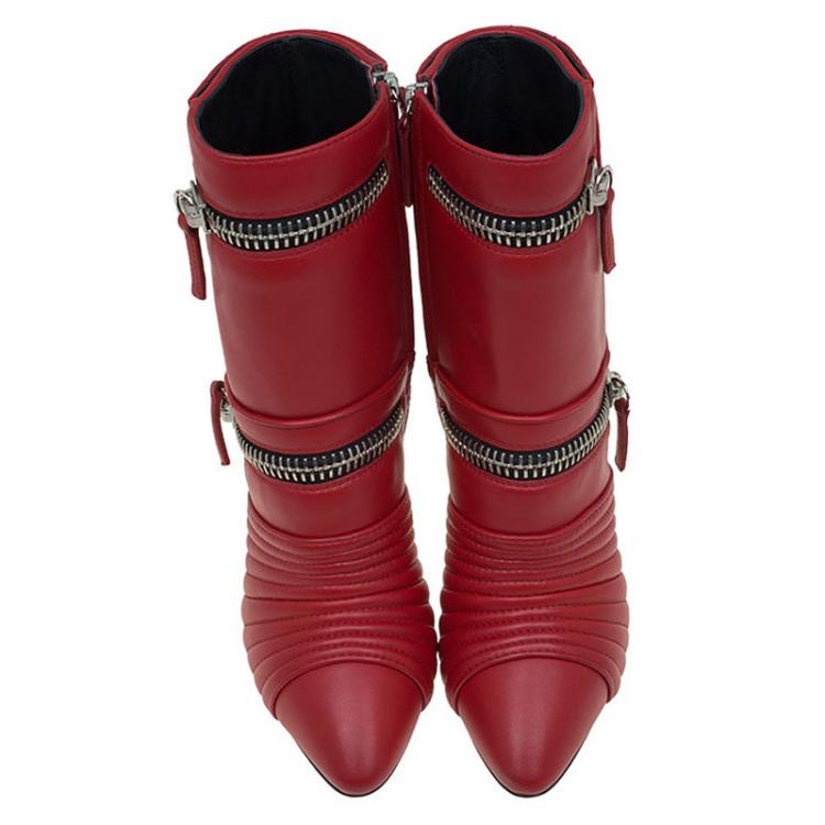 Pre Owned Giuseppe Zanotti Red Quilted Leather Double Zip Accent Boots Size 38.5