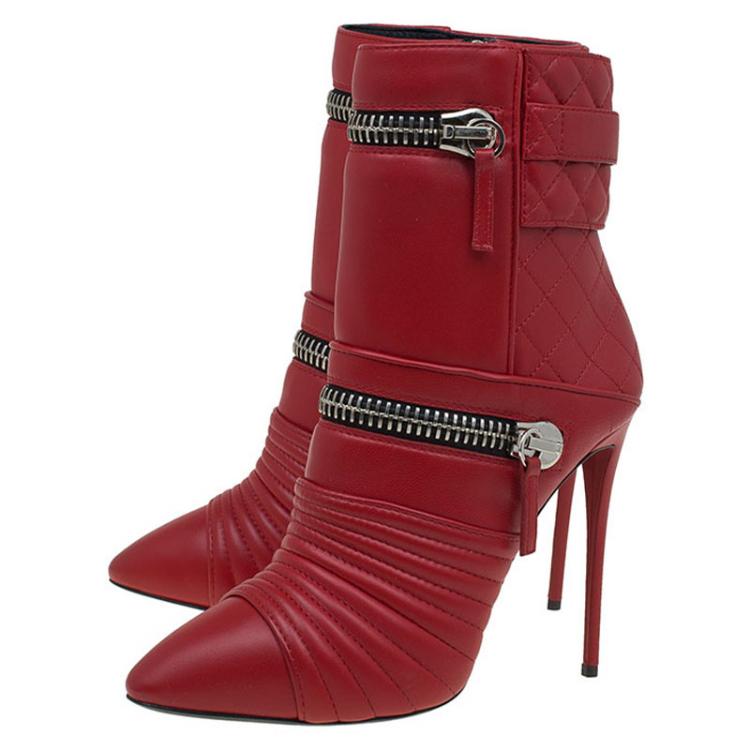 Pre Owned Giuseppe Zanotti Red Quilted Leather Double Zip Accent Boots Size 38.5