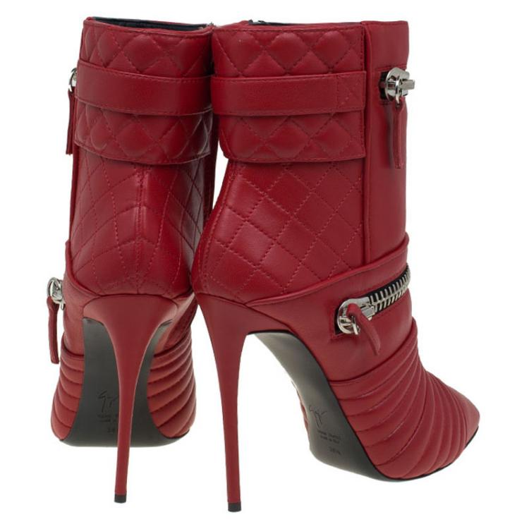 Pre Owned Giuseppe Zanotti Red Quilted Leather Double Zip Accent Boots Size 38.5