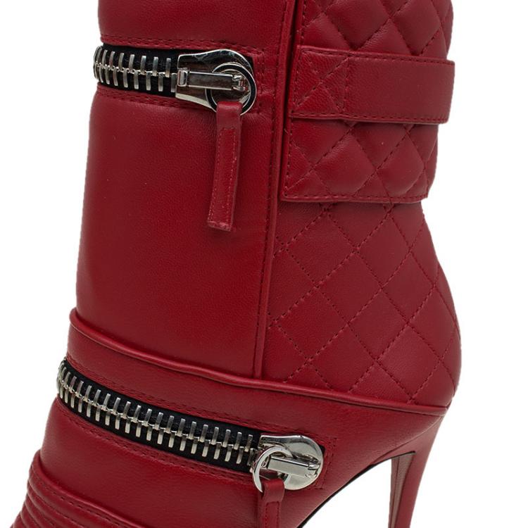 Pre Owned Giuseppe Zanotti Red Quilted Leather Double Zip Accent Boots Size 38.5