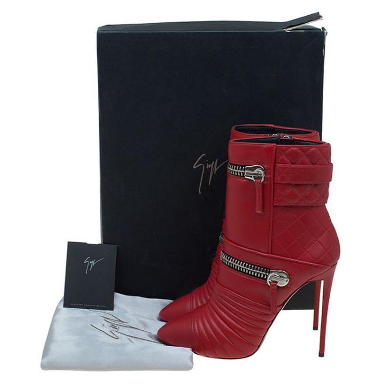 Pre Owned Giuseppe Zanotti Red Quilted Leather Double Zip Accent Boots Size 38.5