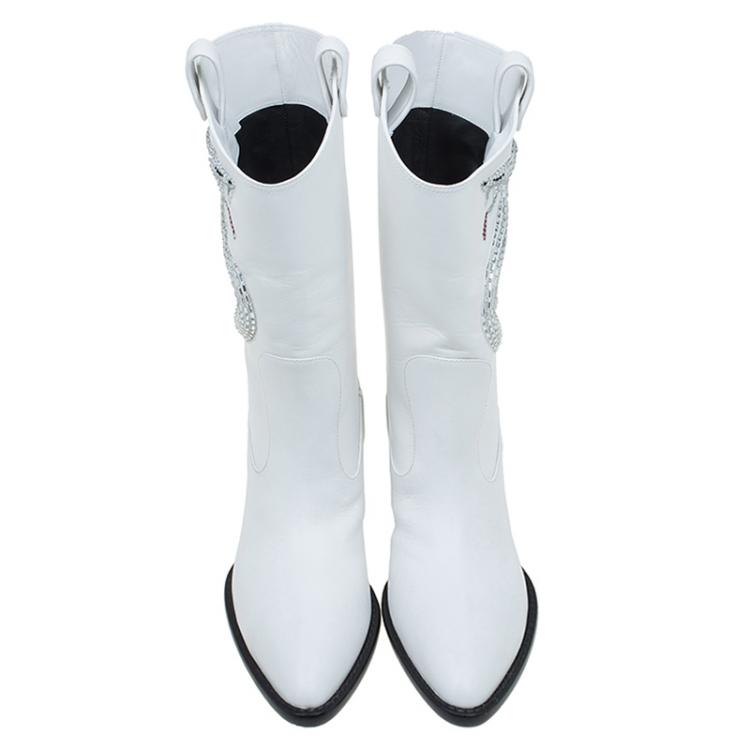 Pre Owned Giuseppe Zanotti White Snake Embellished Leather Guns 55 Cowboy Boots Size 38.5