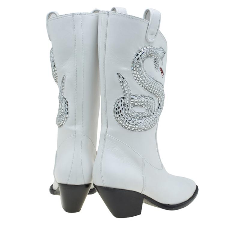 Pre Owned Giuseppe Zanotti White Snake Embellished Leather Guns 55 Cowboy Boots Size 38.5