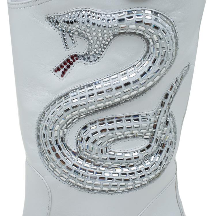 Pre Owned Giuseppe Zanotti White Snake Embellished Leather Guns 55 Cowboy Boots Size 38.5