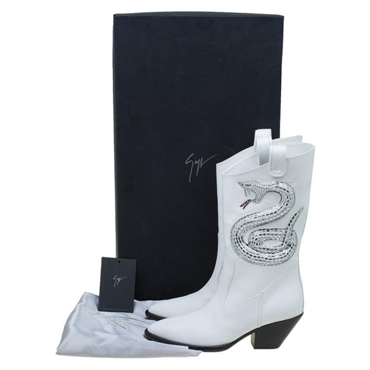 Pre Owned Giuseppe Zanotti White Snake Embellished Leather Guns 55 Cowboy Boots Size 38.5