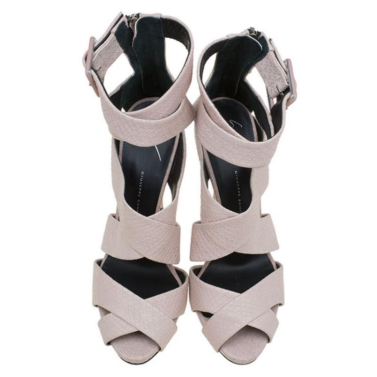 Pre Owned Giuseppe Zanotti Blush Pink Python Embossed Leather Strappy Sandals Size 41