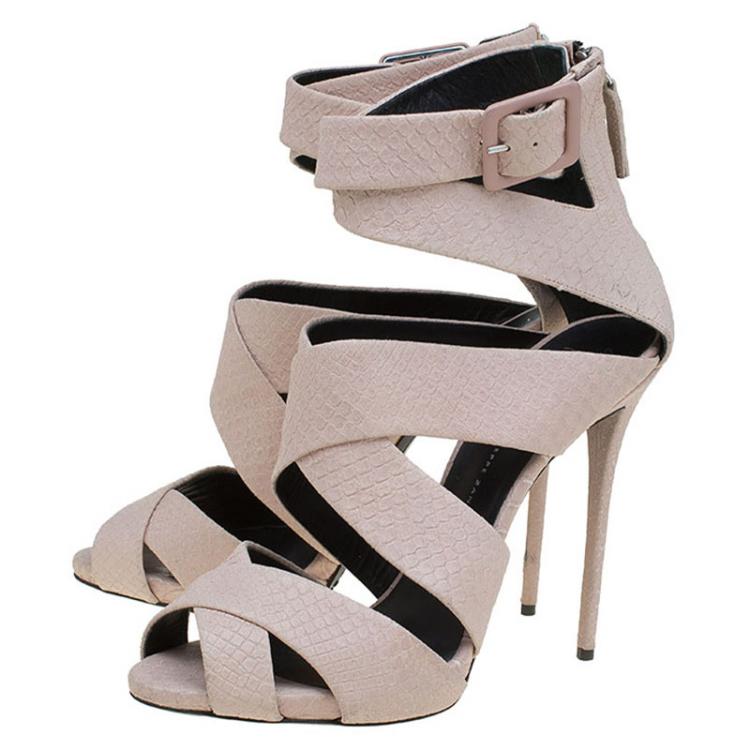 Pre Owned Giuseppe Zanotti Blush Pink Python Embossed Leather Strappy Sandals Size 41