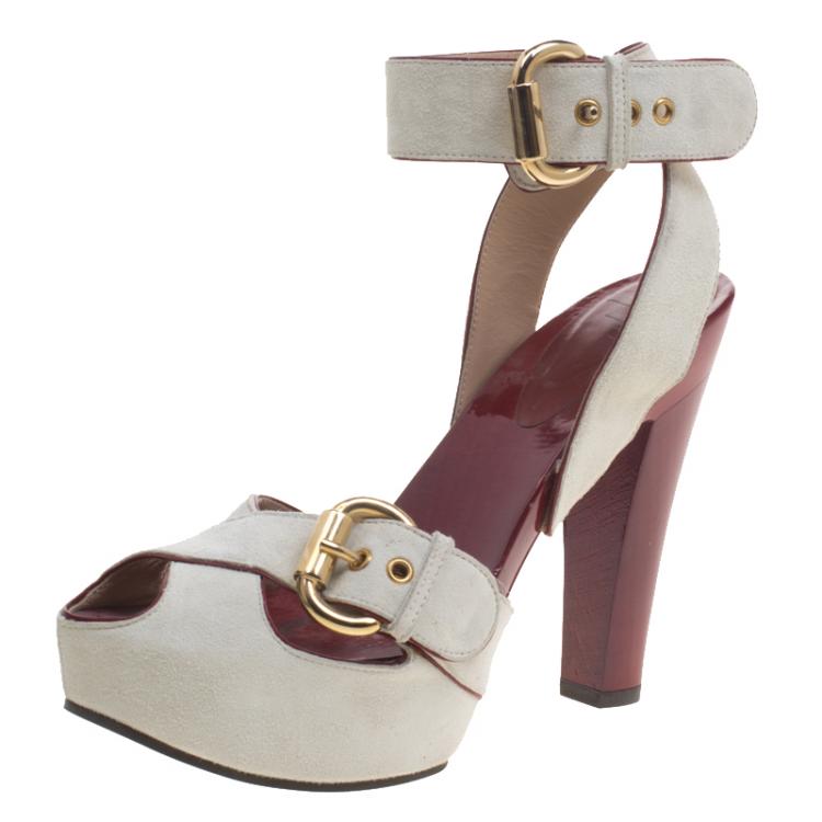 Pre Owned Giuseppe Zanotti White Suede Peep Toe Ankle Strap Clog Sandals Size 37.5