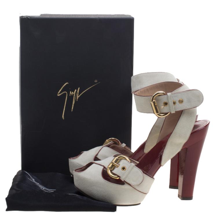 Pre Owned Giuseppe Zanotti White Suede Peep Toe Ankle Strap Clog Sandals Size 37.5